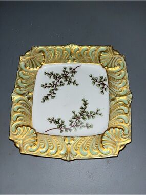 1893 D&Co. Limoges Antique Hand Painted Signed Dated Square Porcelain Plate Gold